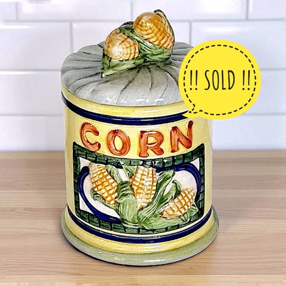 Sold Vintage Canister Farmhouse Corn Ceramic Storage Jar Yellow Blue 2 Cup 5” - Picture 1 of 16